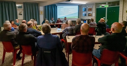 Vergadering met mensen op stoelen, presentatie geprojecteerd op scherm in een zaal.