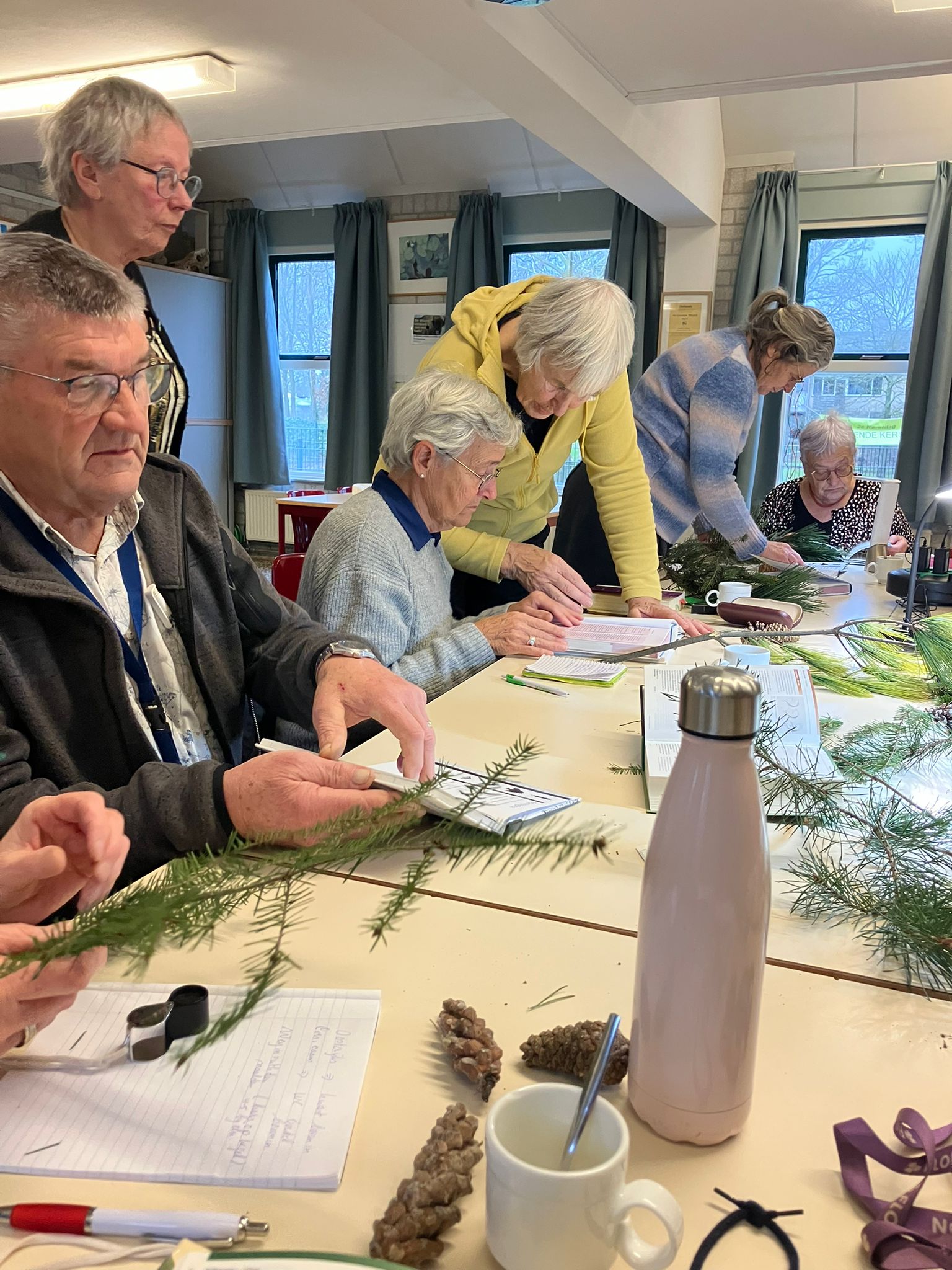 Groep oudere volwassenen doet een botanische activiteit aan tafel met planten en notitieblokken.