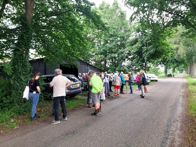Groep mensen staat langs een landweg, omgeven door bomen en enkele geparkeerde auto's.