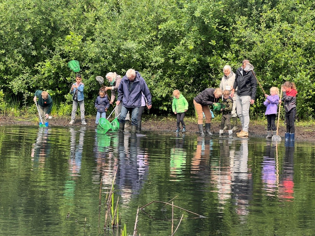Groep mensen vangt waterdieren in een vijver, omgeven door groene struiken.