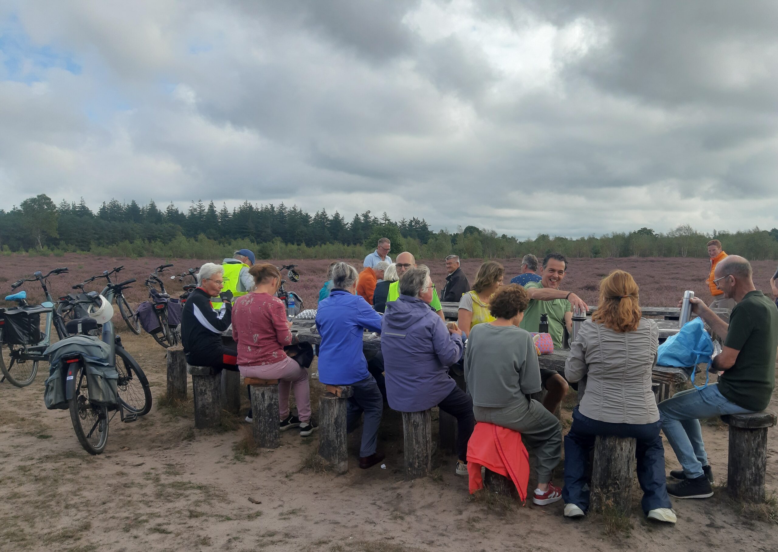 Groep mensen rust uit bij een picknickbank in een heideveld, met fietsen op de achtergrond.