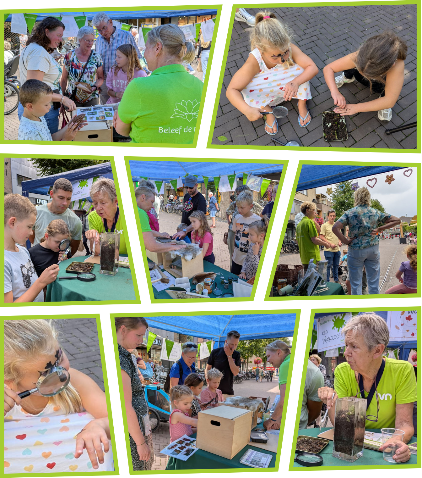 Kinderen en volwassenen doen aan natuuractiviteiten op een educatief evenement buiten.