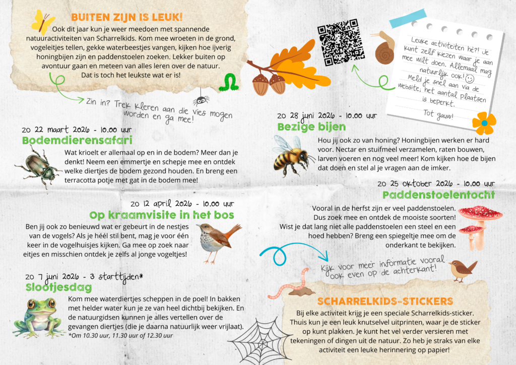 Folder met natuuractiviteiten voor kinderen: bodemdieren, vogels, bijen, en paddenstoelen.