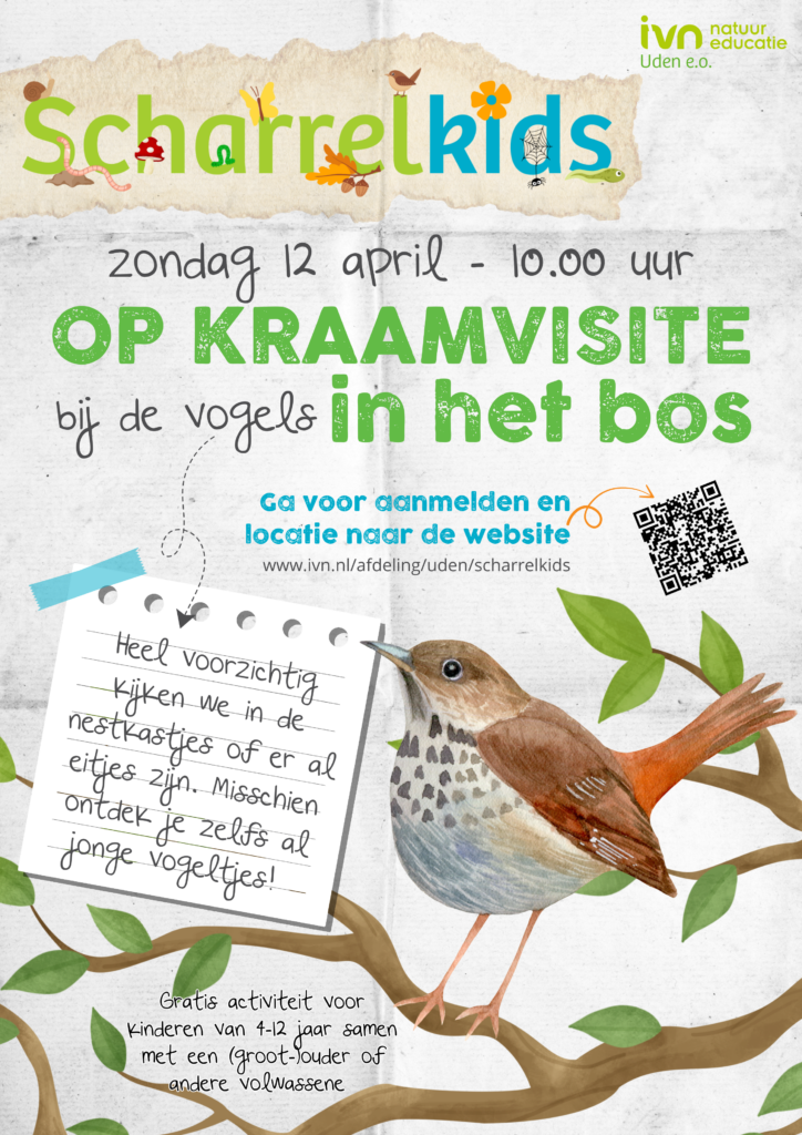 Poster voor "Scharrelkids" kraamvisite bij vogels in het bos op 12 april om 10:00, met illustraties.