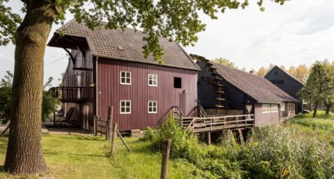 Oude houten watermolen met grote schoepenrad, omgeven door groen en bomen.