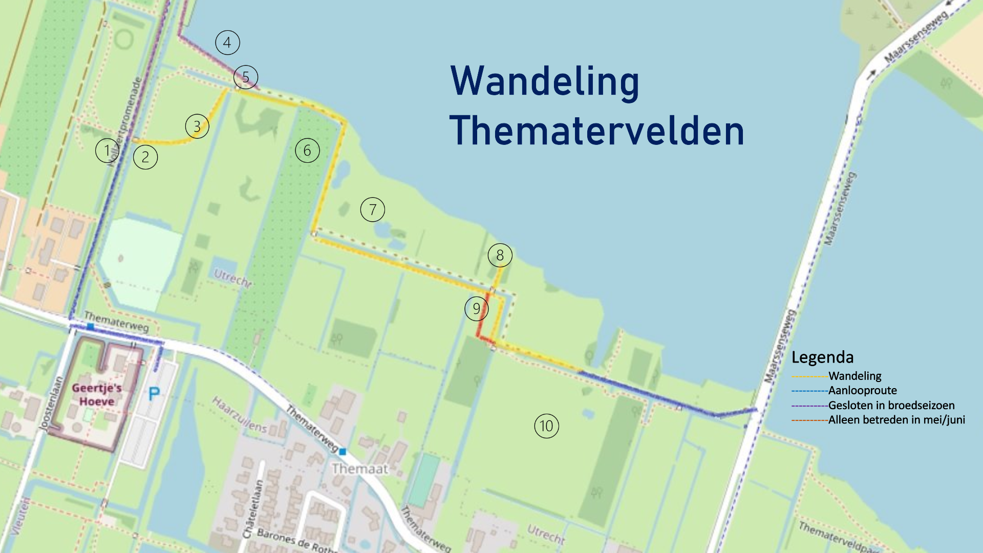 Kaart van de wandelroute Thematervelden met genummerde punten en legenda van seizoensgebonden paden.
