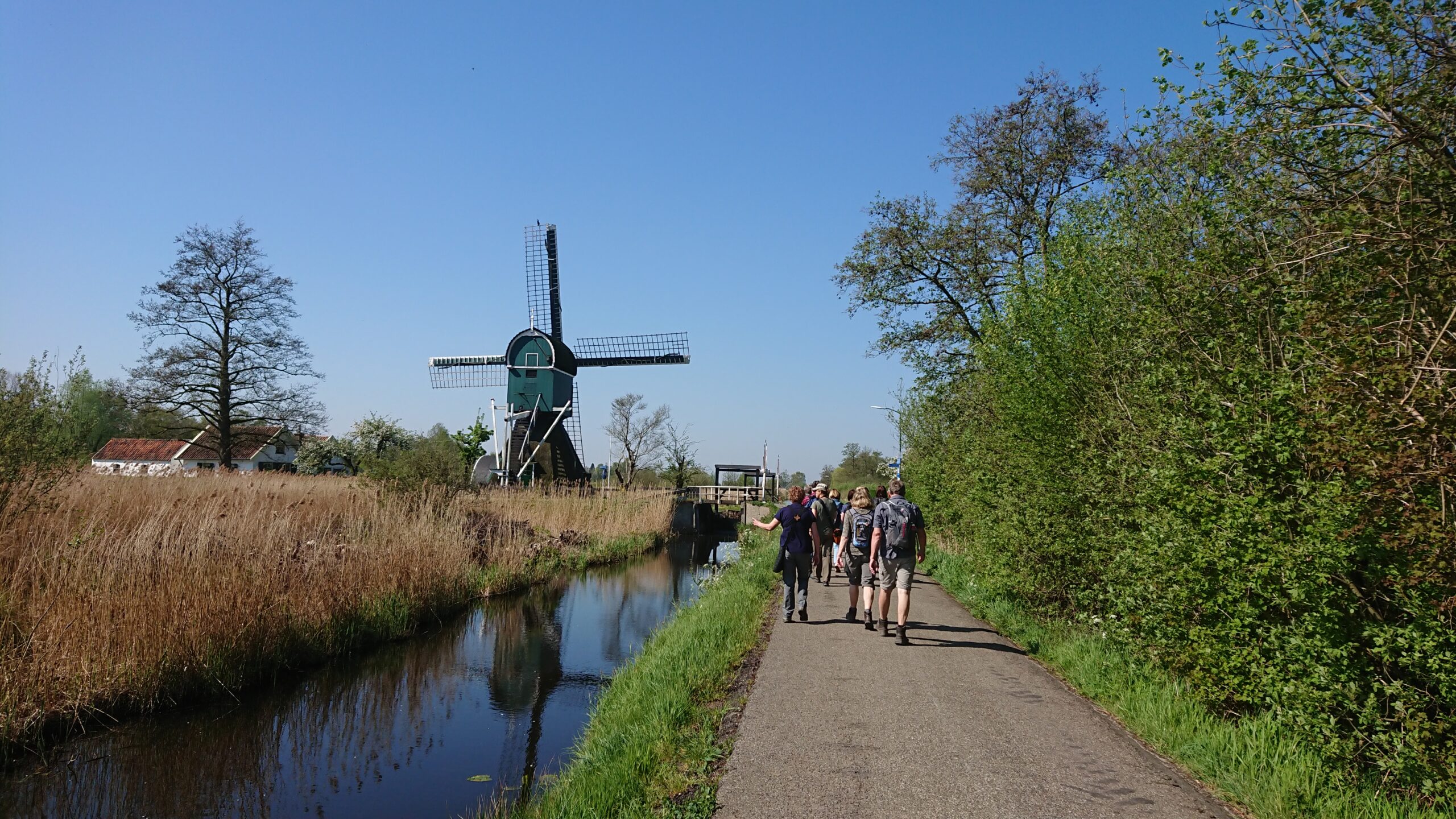 Groep wandelaars op pad langs een molen, bij een kanaal en bomen, onder een helderblauwe lucht.