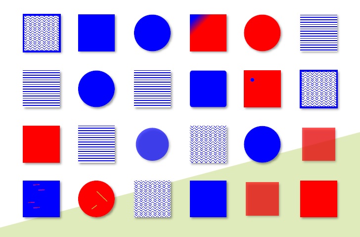 Rooster van blauwe en rode vormen: cirkels, vierkanten, met patronen en effen kleuren.