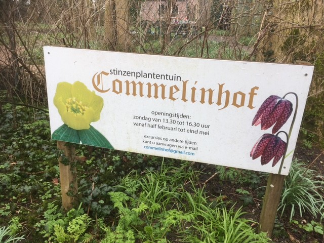 Bord van Stinzenplantentuin Commelinhof met bloemenillustraties en openingstijdeninformatie.