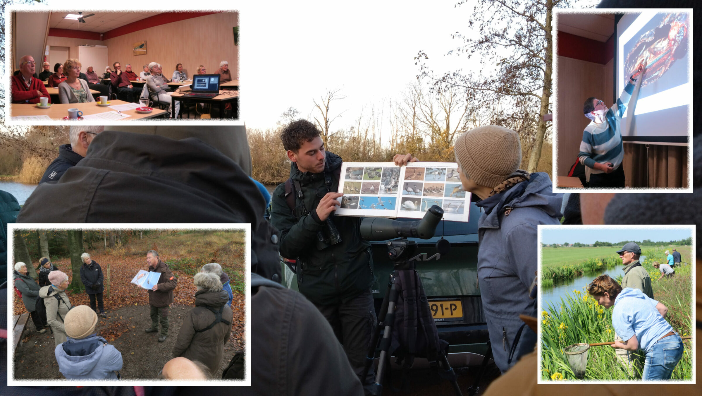 Een collage van groepspresentaties en buitenactiviteiten over natuur en vogels kijken.