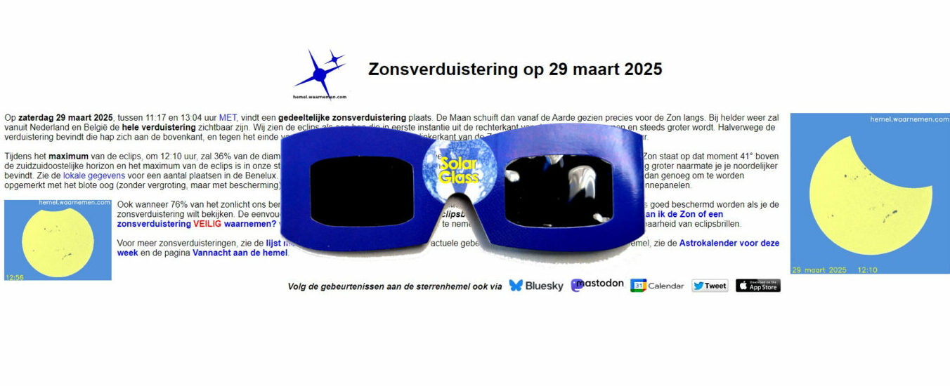 Zonnebril voor eclips en tekst over gedeeltelijke zonsverduistering op 29 maart 2025, diagrammen inbegrepen.