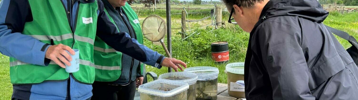 Mensen in groene hesjes onderzoeken containers met watermonsters buiten.