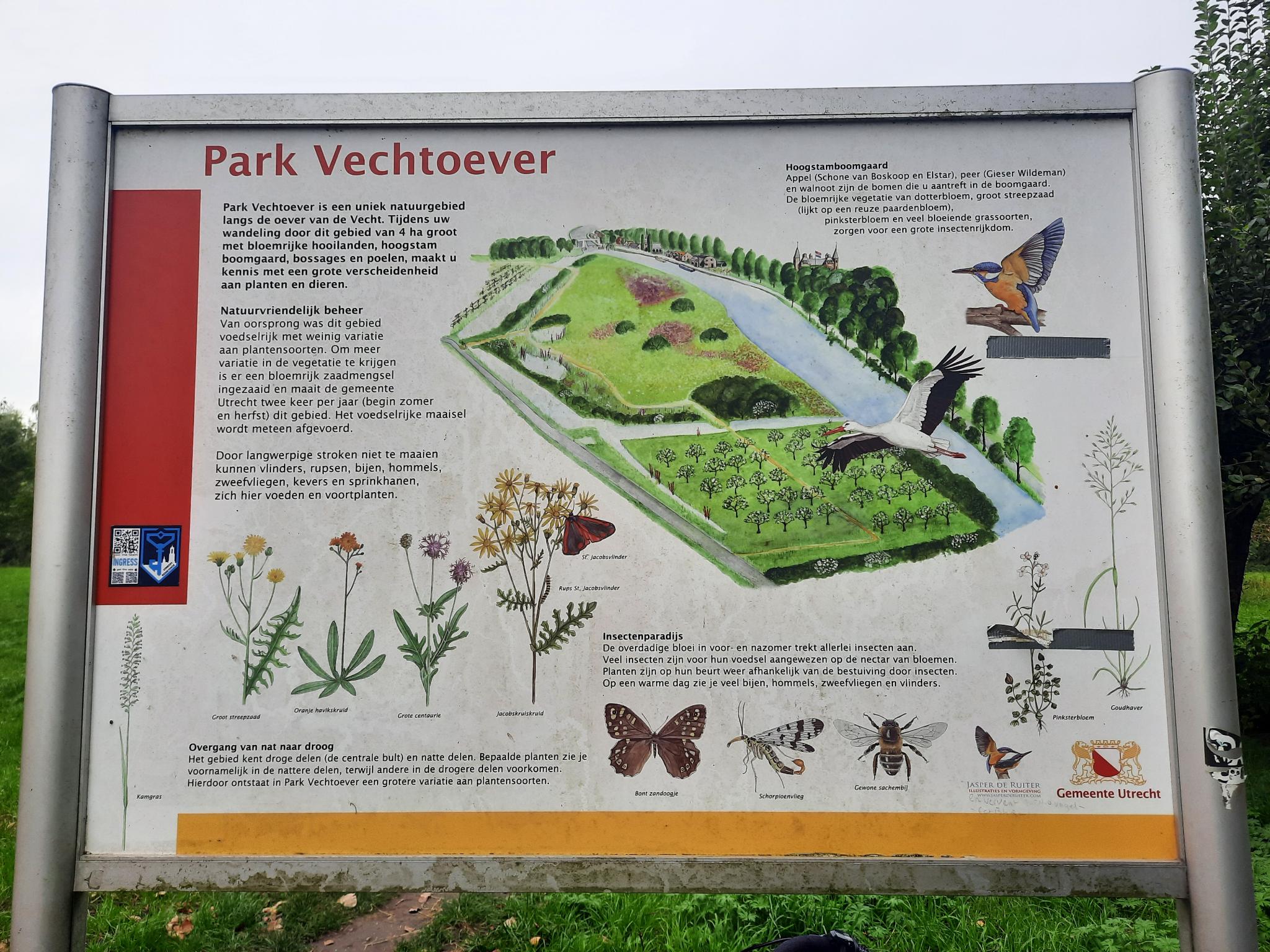 Informatiebord bij Park Vechtoever met kaart, flora en fauna-illustraties en beschrijvende tekst.