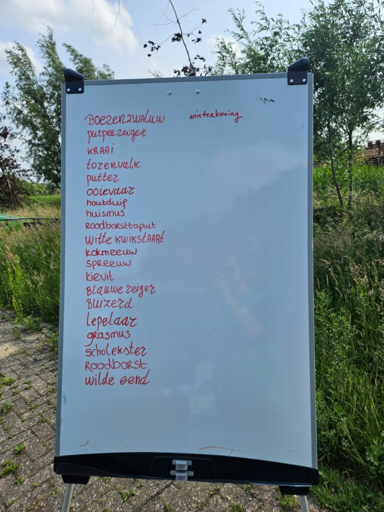 Wit schoolbord met namen van vogels geschreven in rode inkt, geplaatst buiten naast struiken.