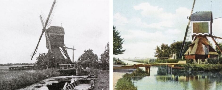 Twee windmolens in landelijk gebied, links een zwart-wit foto, rechts een kleurrijke afbeelding bij een waterkanaal.