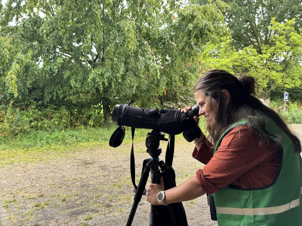 Vrouw kijkt door spotting scope in groene omgeving.