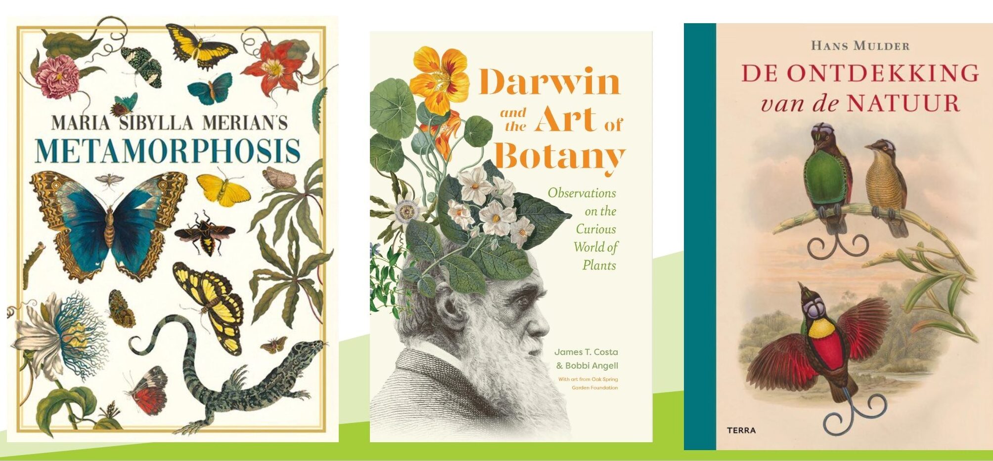 Omslagen van drie boeken over natuurhistorie en biologie, met insecten, planten en vogels.
