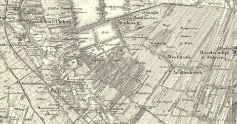 Oude topografische kaart van Utrecht met nabijgelegen dorpen en polderlandschappen.