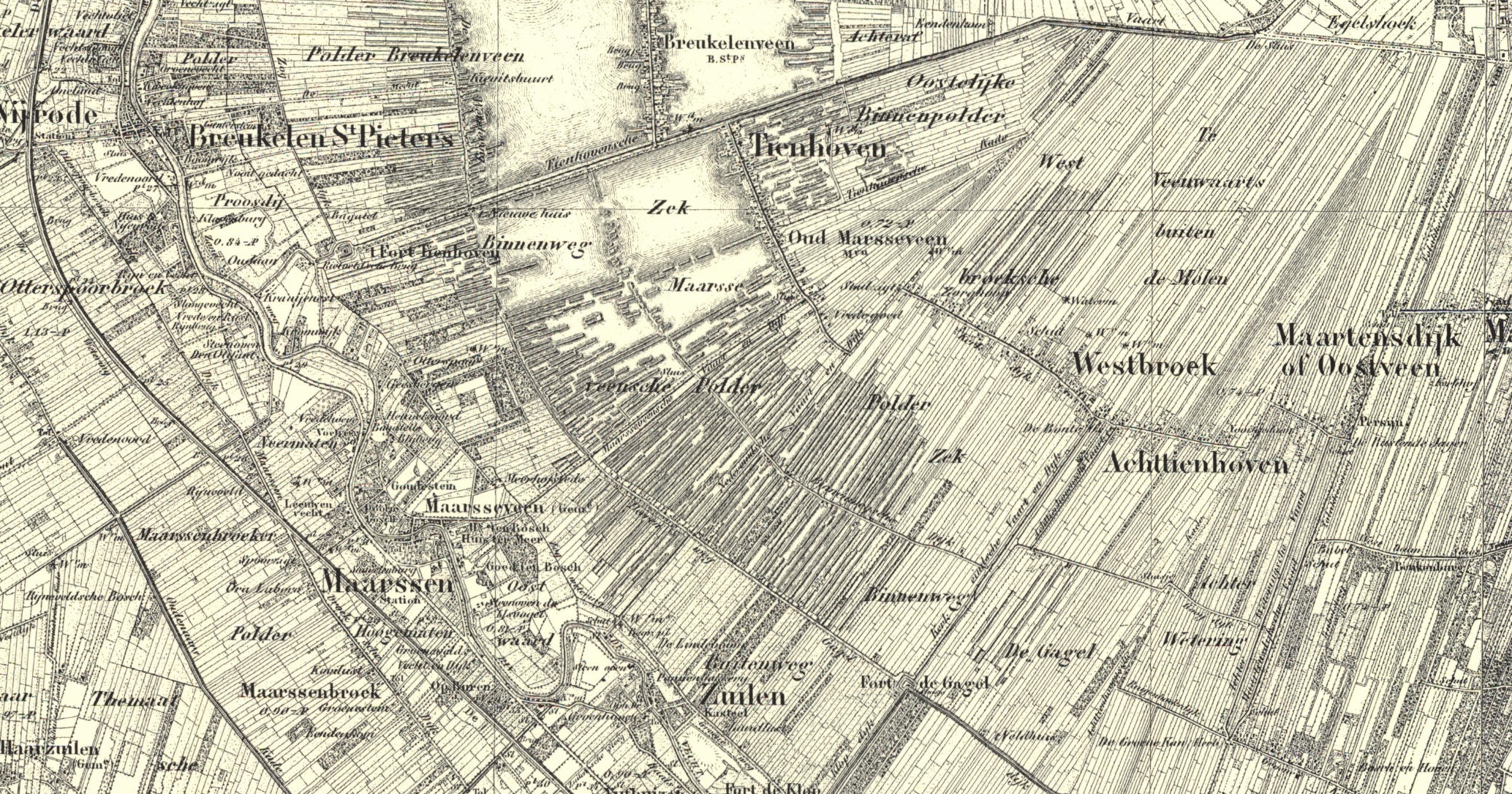 Oude topografische kaart van Utrecht met nabijgelegen dorpen en polderlandschappen.