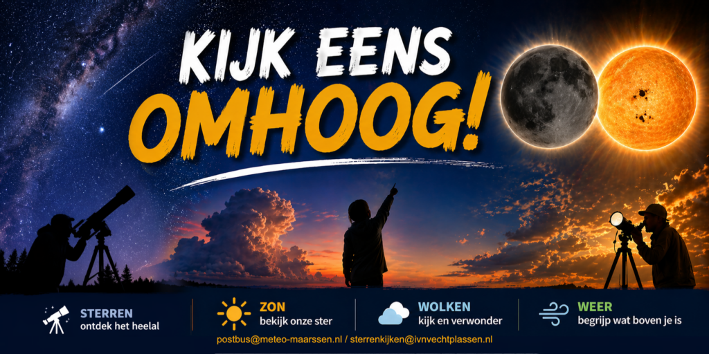Avondhemel met sterrenkijkers, de maan, zon en tekst: "Kijk eens omhoog!"