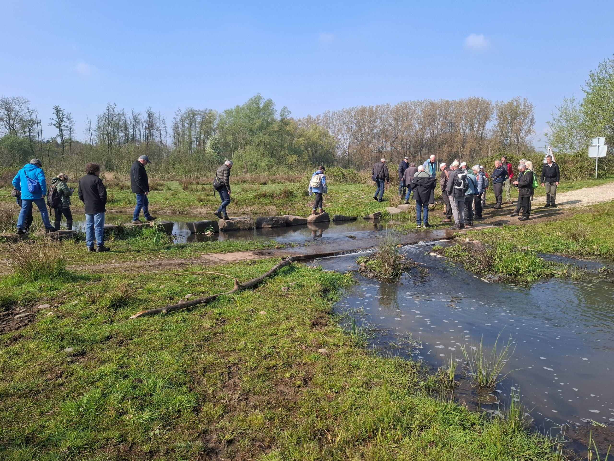 Een groep mensen wandelt over stenen in een groen, waterrijk parkgebied.