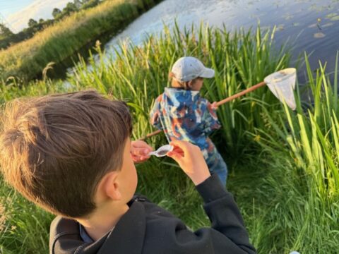 Twee kinderen vangen insecten bij een vijver met een schepnet bij zonsondergang.