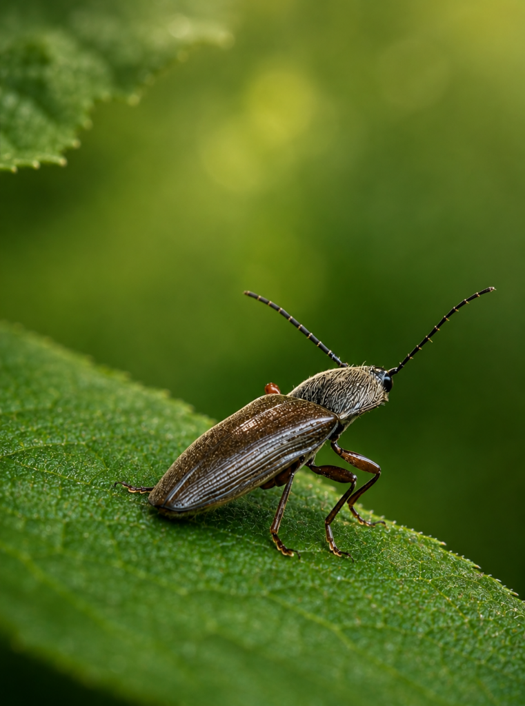 Bruine kever op groene bladoppervlakte tegen een wazige groene achtergrond.
