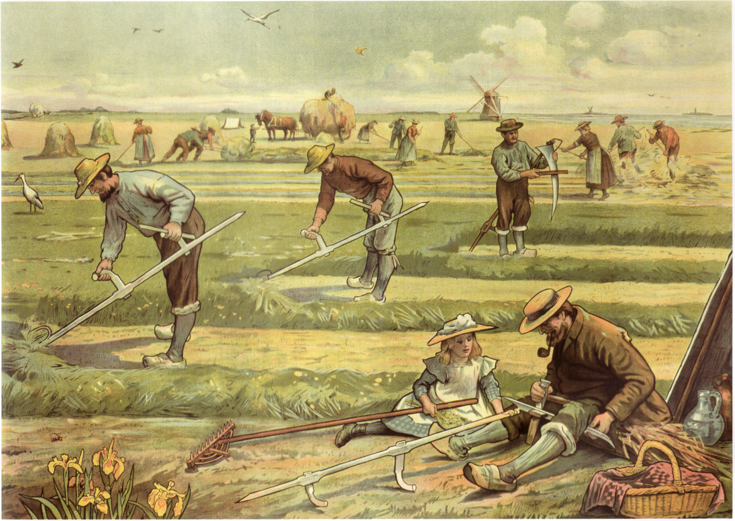 Boeren maaien gras in een veld, met molen en hooibalen op de achtergrond, zittend kind met man.