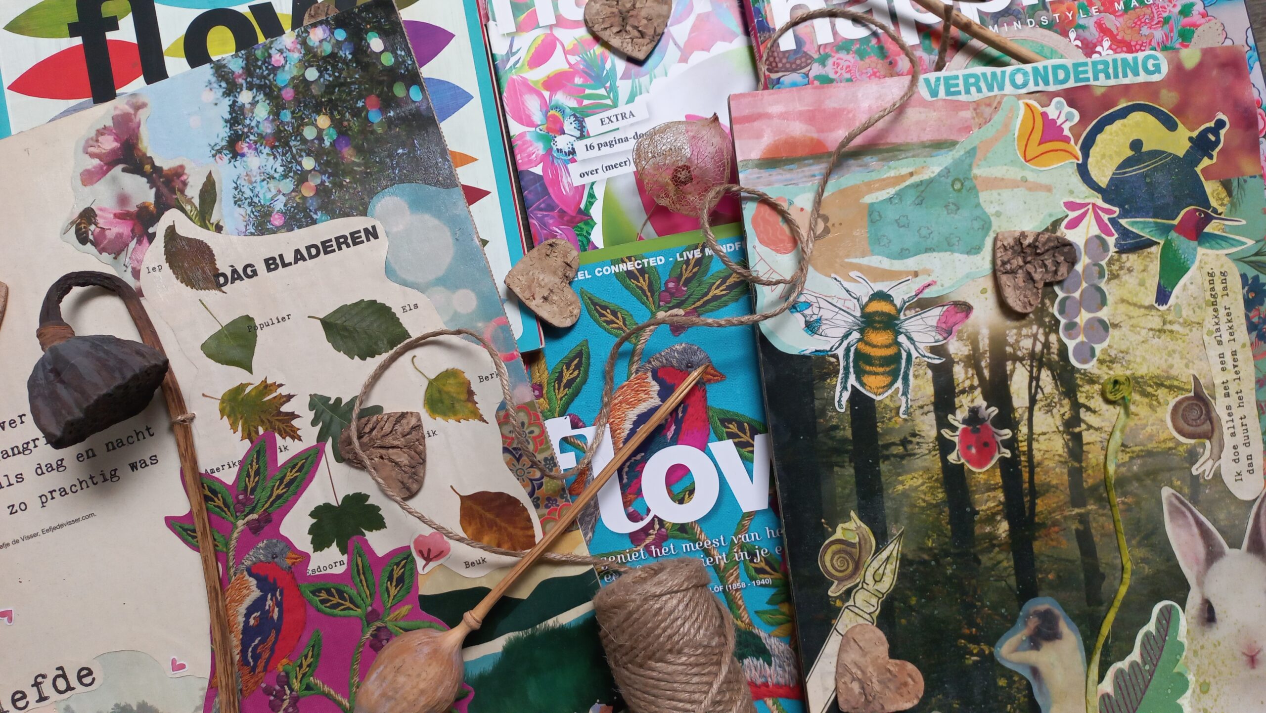 Kleurrijke collage met bloemen, bladeren, tijdschriften, touw en natuurthema's.