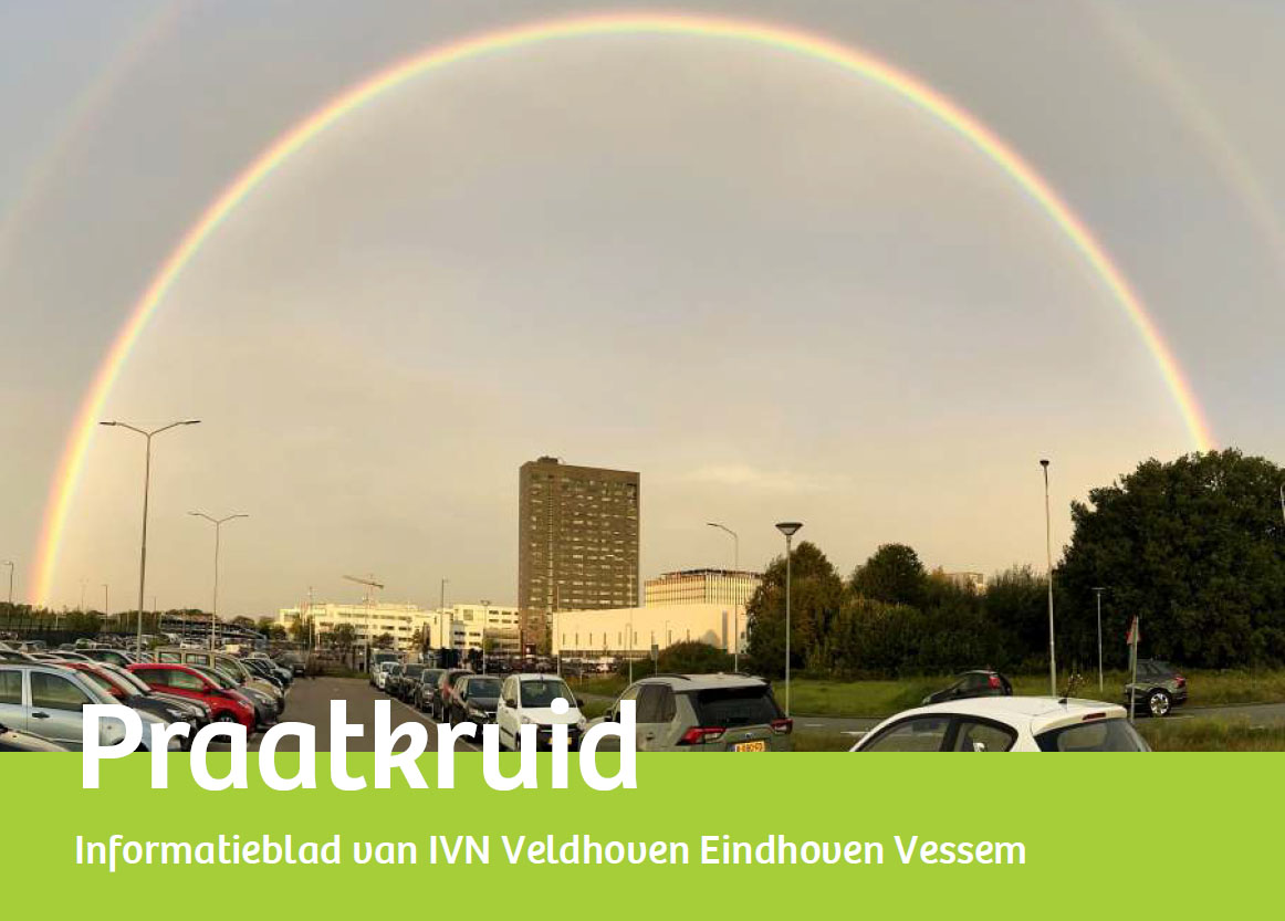 Twee regenbogen boven parkeerplaats en gebouw met tekst "Praatkruid, IVN Veldhoven Eindhoven Vessem".
