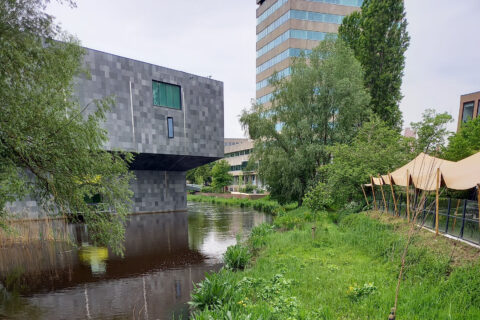 Grijs gebouw boven water, omgeven door bomen en grasveld, naast een modern kantoorgebouw.