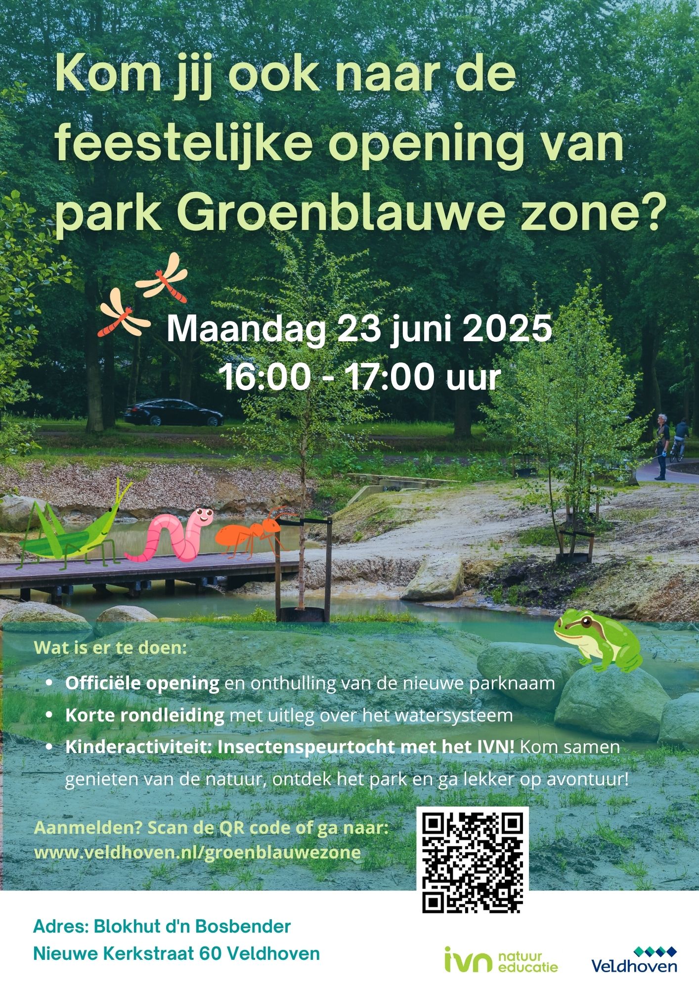 Poster voor de opening van park Groenblauwe zone, 23 juni 2025, met activiteiten en locatie-informatie.