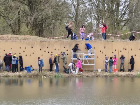 Mensen aan het werk bij een versierde muur naast een bosrijke waterkant.