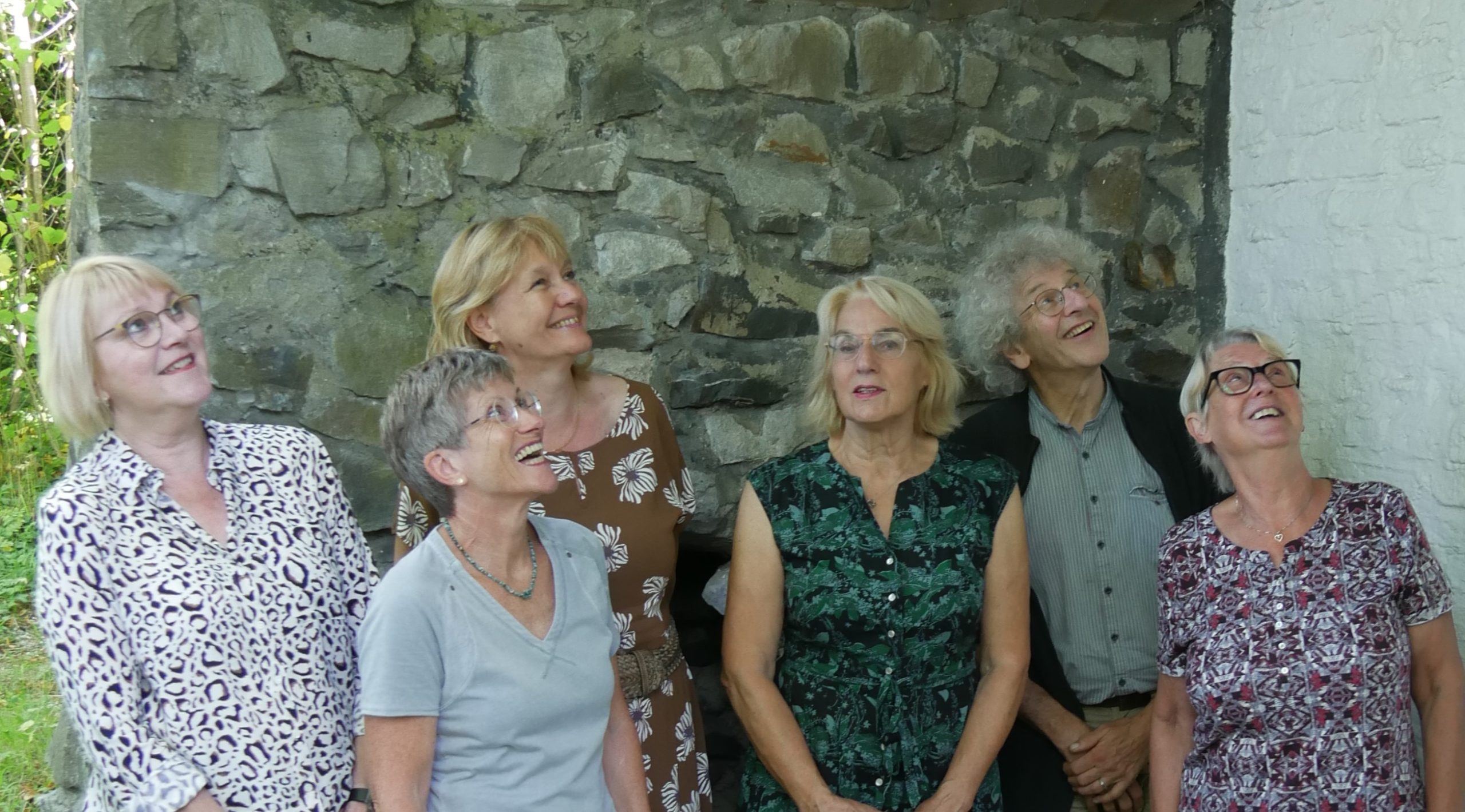 Groep oudere mensen kijkt lachend omhoog voor een stenen muur.
