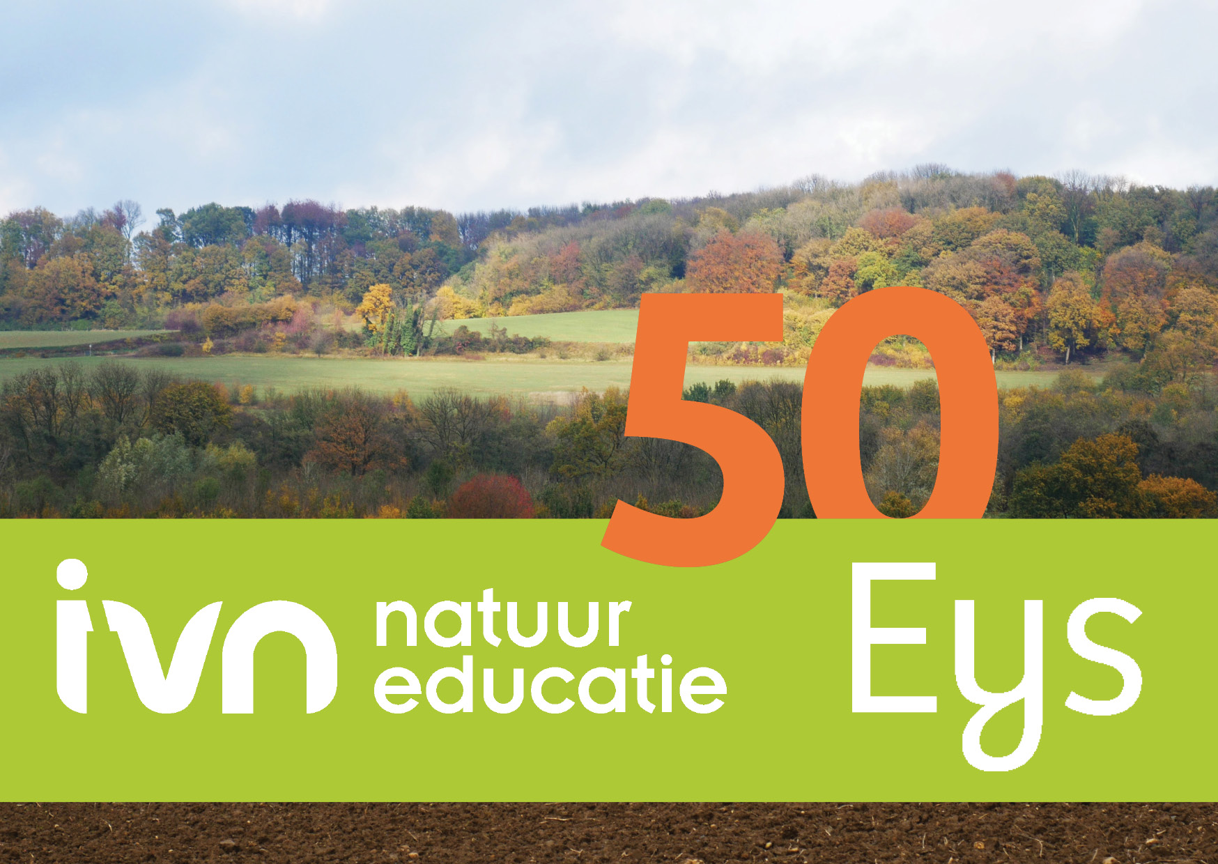 Herfstlandschap met "50 Eys" en "IVN natuur educatie" tekst op groene balk.