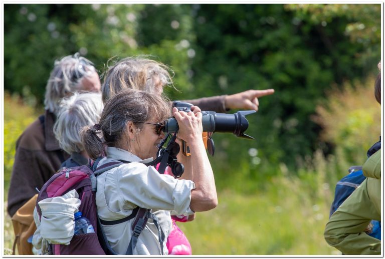 Een vrouw fotografeert met een grote lens; iemand wijst iets aan in de natuur.