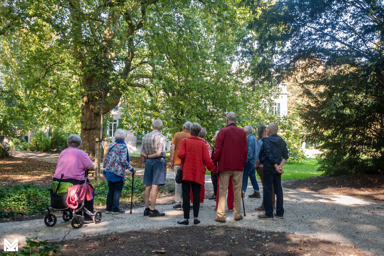 Groep ouderen op een wandeling in een groene, zonnige tuin met hoge bomen.