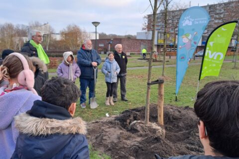 Kinderen en volwassenen planten een boom in een park met vlaggen van basisschool en IVN.