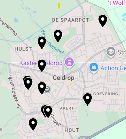 Kaart van Geldrop met meerdere zwarte kaartpinnen en locaties zoals Kasteel Geldrop.