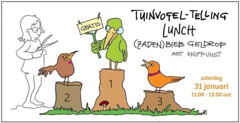 Cartoon van vogels op podium; tekst over tuinvogeltelling lunch, 31 januari, Geldrop.