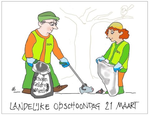 Twee mensen ruimen afval op met grijpers voor Landelijke Opschoondag op 21 maart.