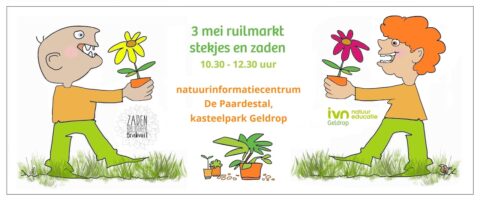 Illustratie van ruilmarkt stekjes en zaden op 3 mei, met vrolijke figuren en bloemen.