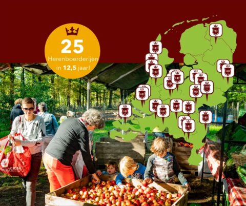 Kaart met 25 Herenboerderijen en mensen bij appelkraam op markt.