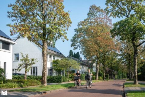 Twee mensen fietsen op een boomrijke straat langs moderne huizen onder een heldere blauwe lucht.
