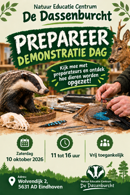 Poster voor een preparatiedemonstratie met dassen en vogels, 10 oktober 2026, Eindhoven.