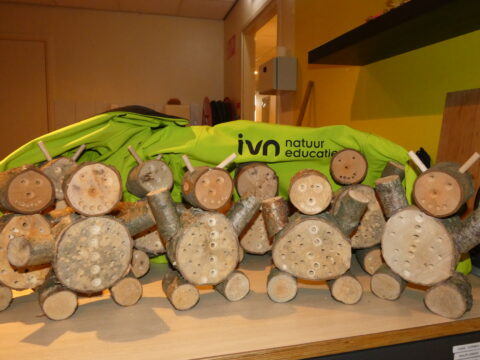 Houten dierenfiguren voor IVN natuur educatie, gemaakt van boomstammetjes met een groene achtergrond.