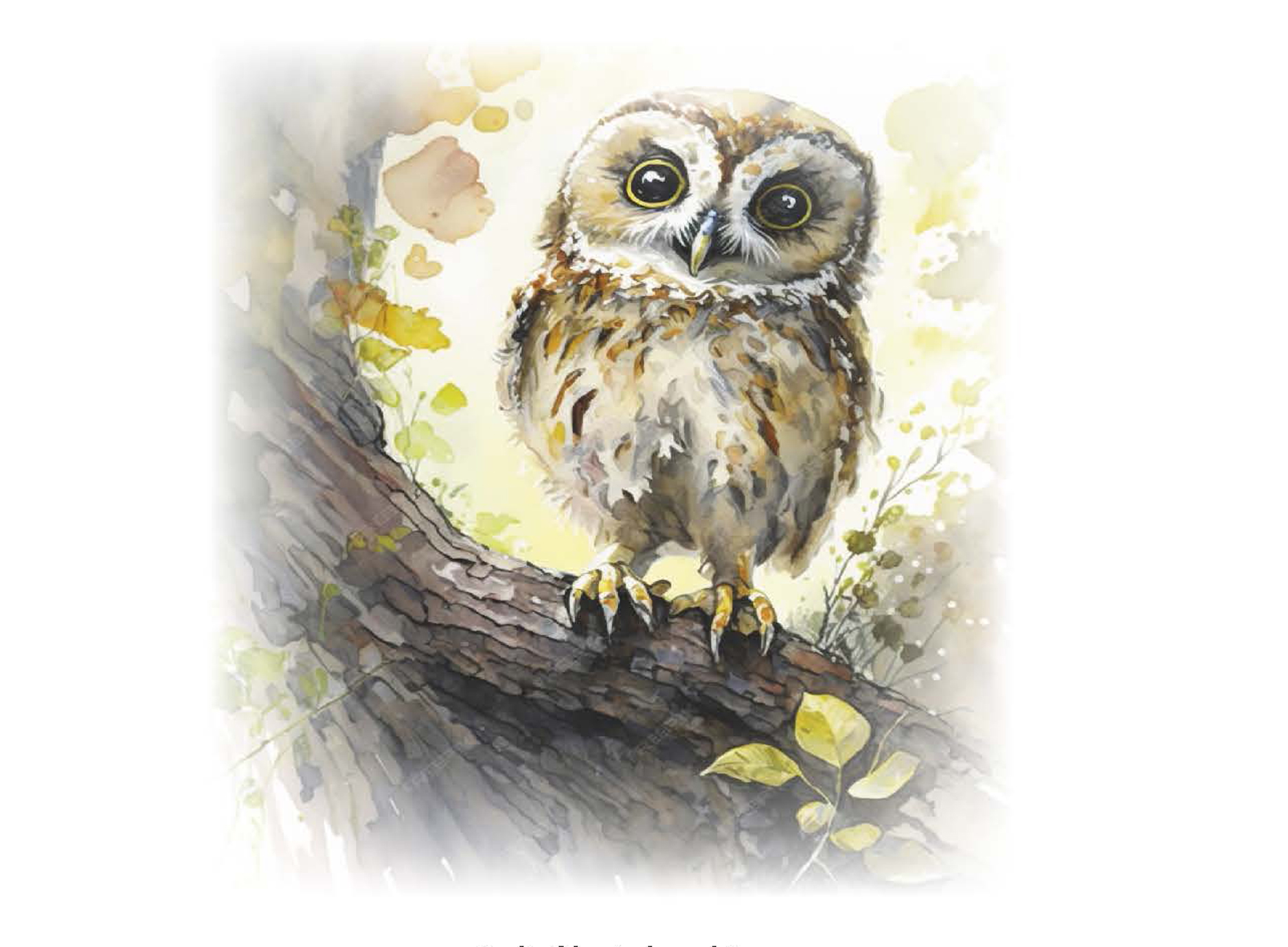 Waterverfschilderij van een uil op een tak, omgeven door bladeren en zachte kleuren.