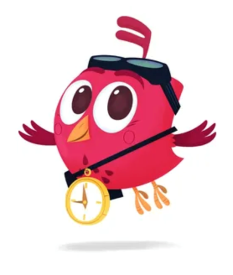 Rode cartoonvogel met vliegbiljet, kompas en grote ogen, lijkt te zweven.