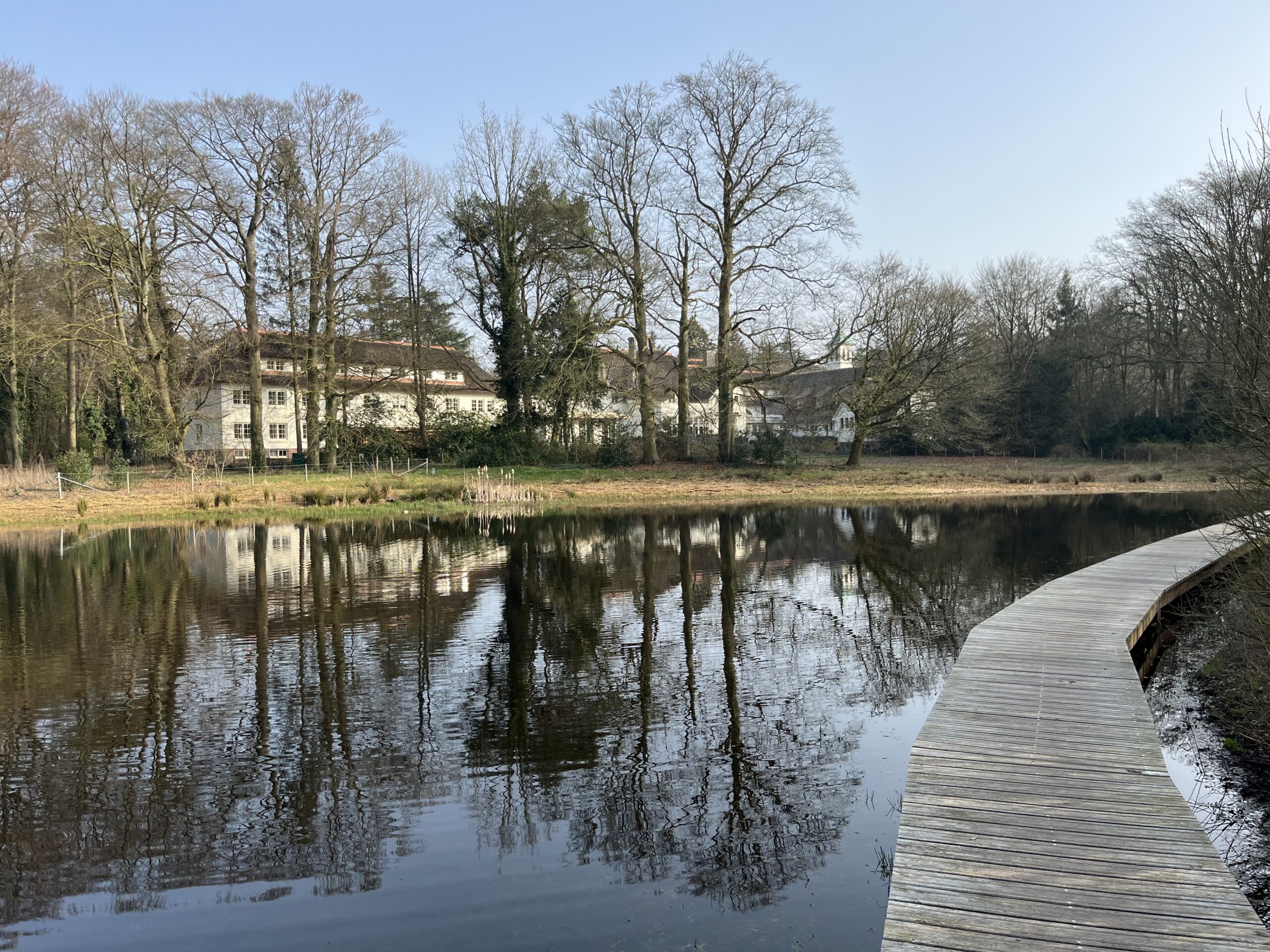Vijver met houten pad, omringd door bomen en wit gebouw op de achtergrond.