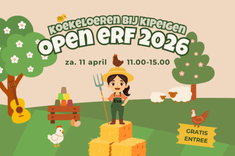 Affiche voor "Open Erf 2026" op 11 april, met een boerderijthema en gratis toegang.